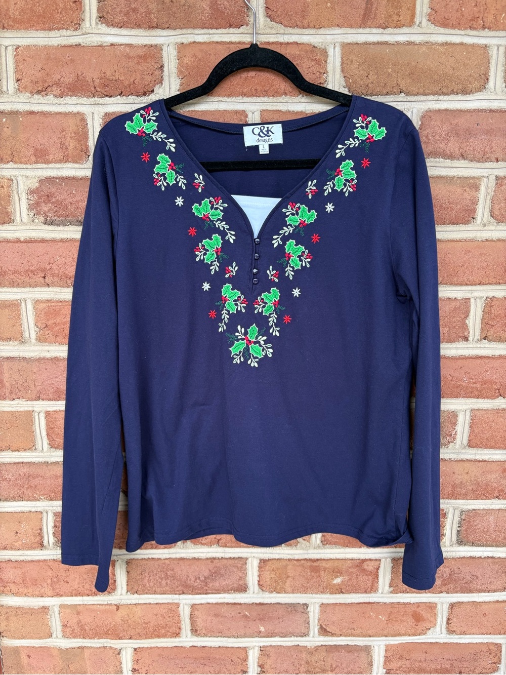 Navy Holiday Embroidered Long Sleeve Top